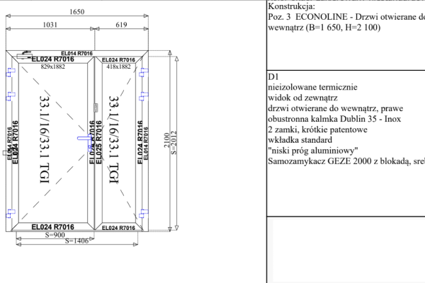 drzwi aluminiowe ppoż (EI30, EI60) 12 szt - 1650x2100, 2000x2300